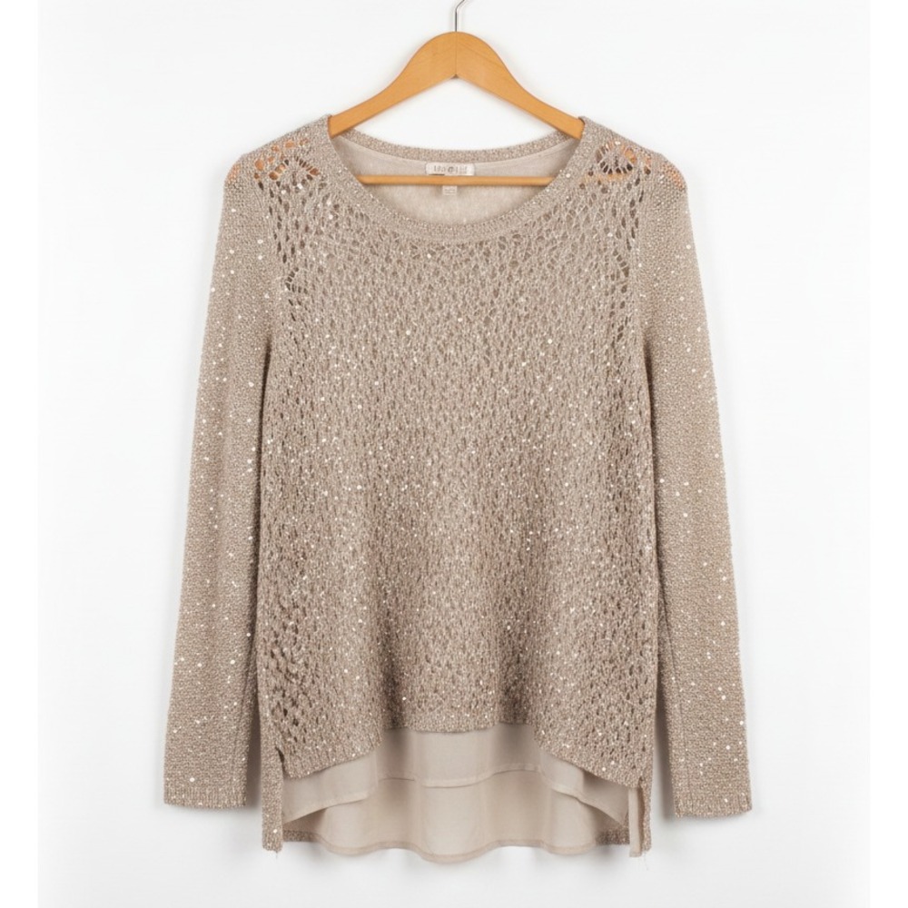 Roz Ali Woman 2X Beige Pink Sequin Crochet Knit Sweater Top Blouse Holiday Party